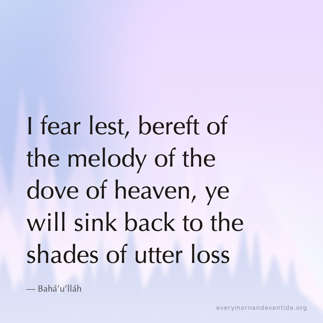 I fear lest, bereft of the melody of the dove of heaven, ye will sink back to the shades of utter loss — Bahá’u’lláh